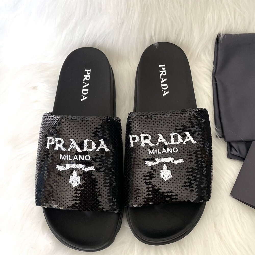 Prada Black Sequin White Logo Slide Sandal
